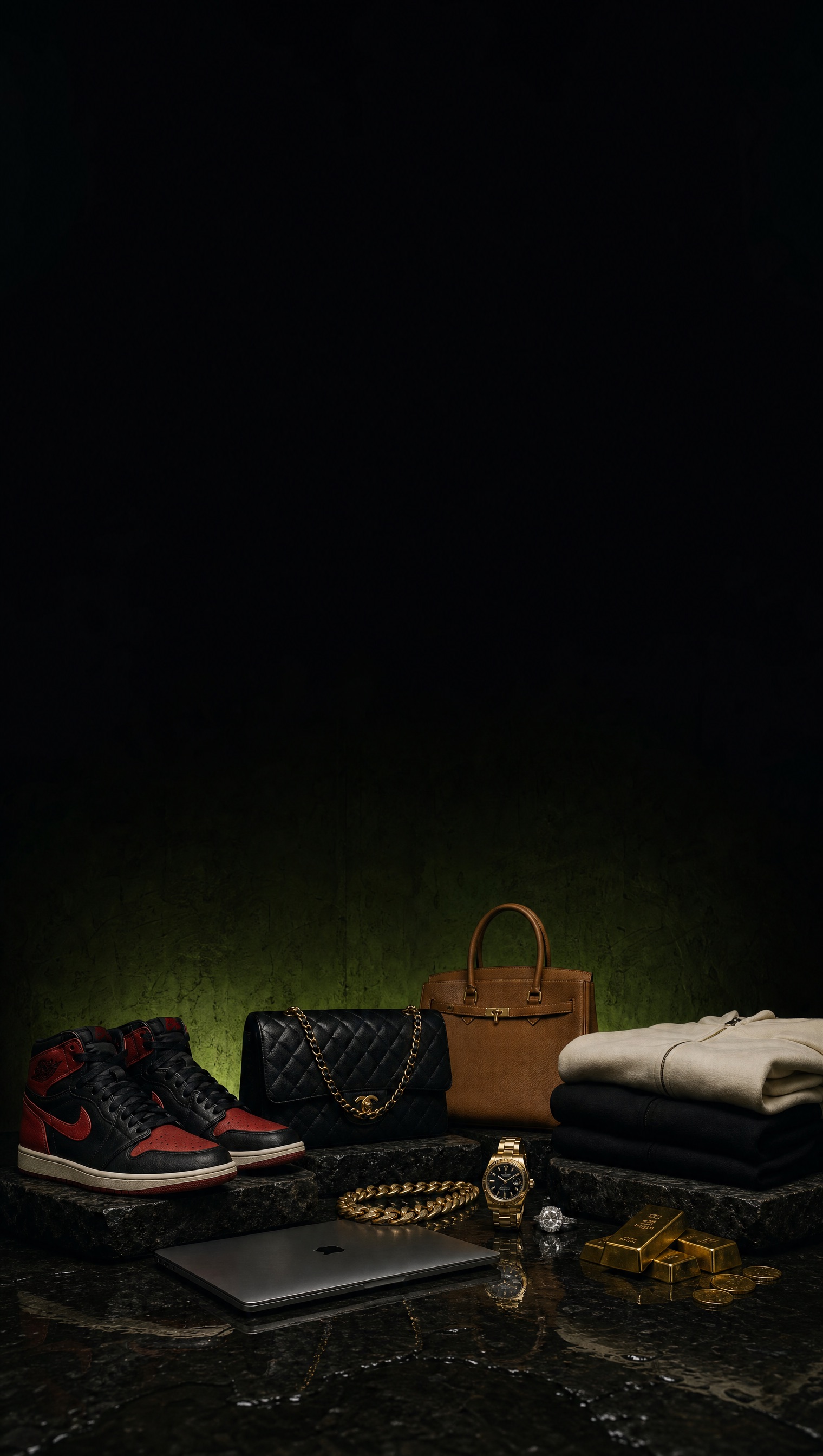 Sneakers, designer handbags, gold chains, diamonds and electronics displayed under neon light