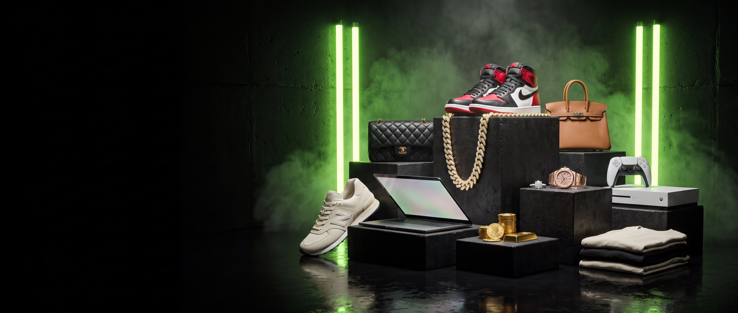 Sneakers, designer handbags, gold chains, diamonds and electronics displayed under neon light