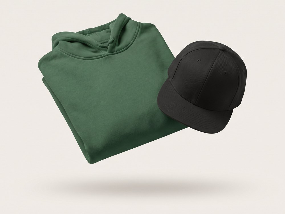 Folded green hoodie with a black baseball cap