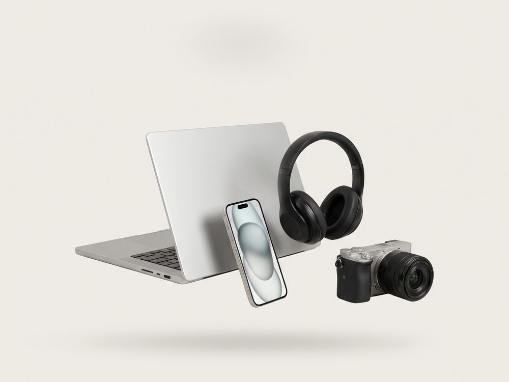 Laptop, smartphone, headphones and mirrorless camera
